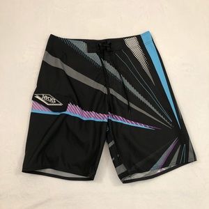 Jacks Surfboards Black Starburst Beach Surf Swim Trunks Board Shorts Mens Sz 32
